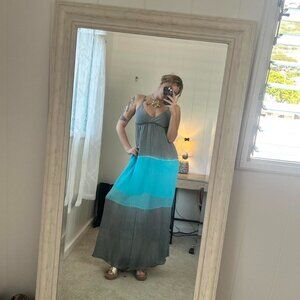 Gypsy 05 100% silk maxi dress grey and aqua blue ombré tie die